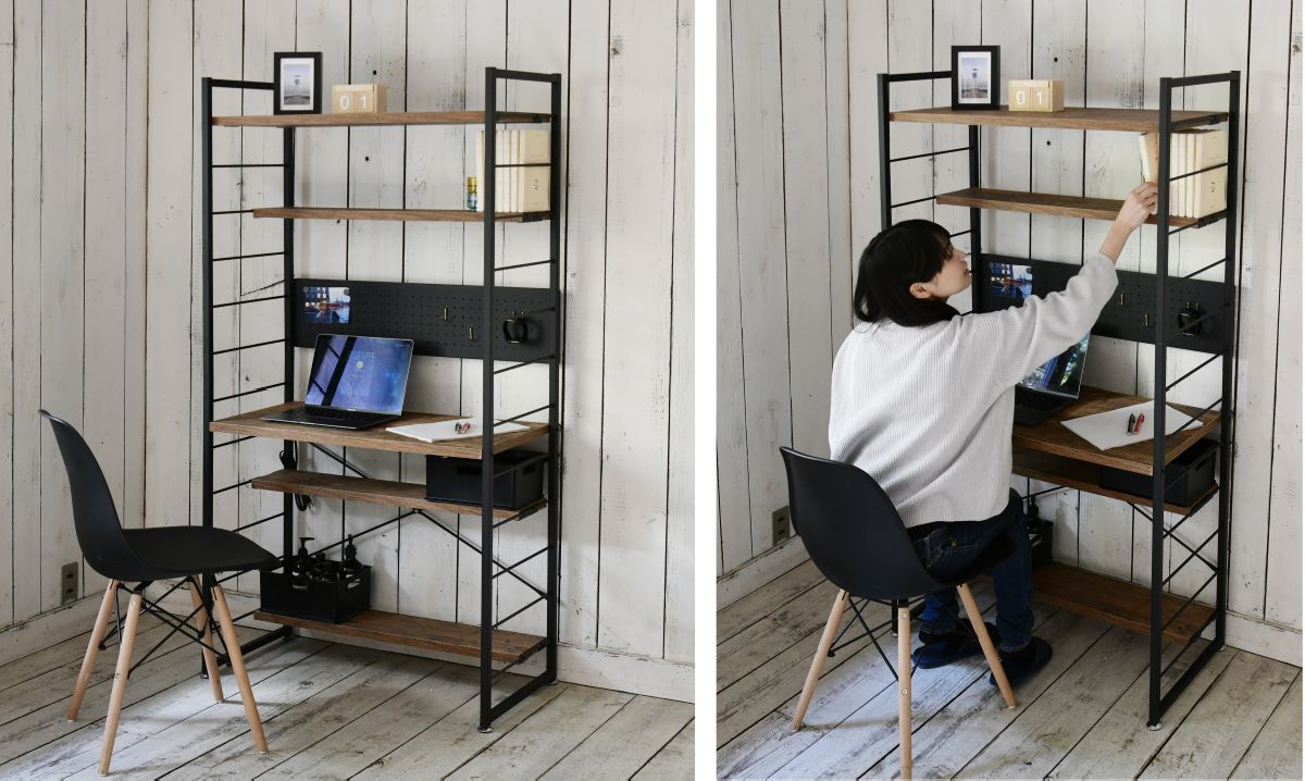 棚付き折りたたみデスク スチール×ブラウン木目 幅85