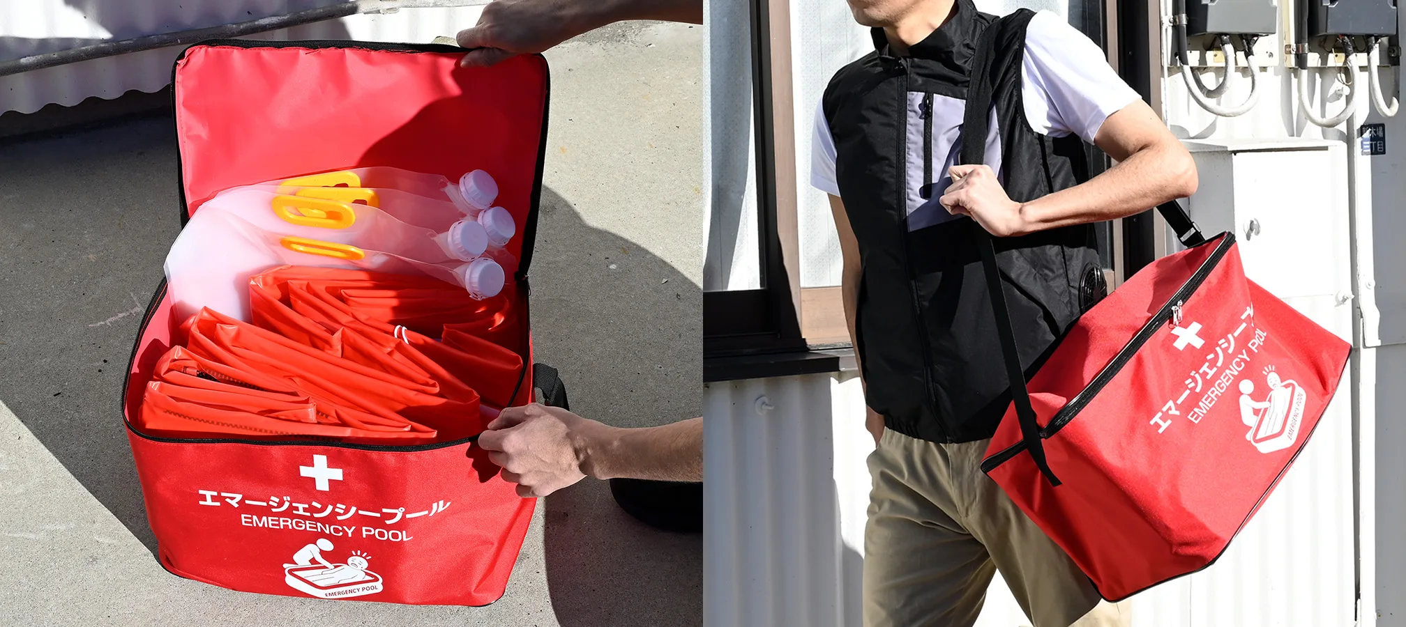 折り畳まれたプールをバッグに収納している様子
