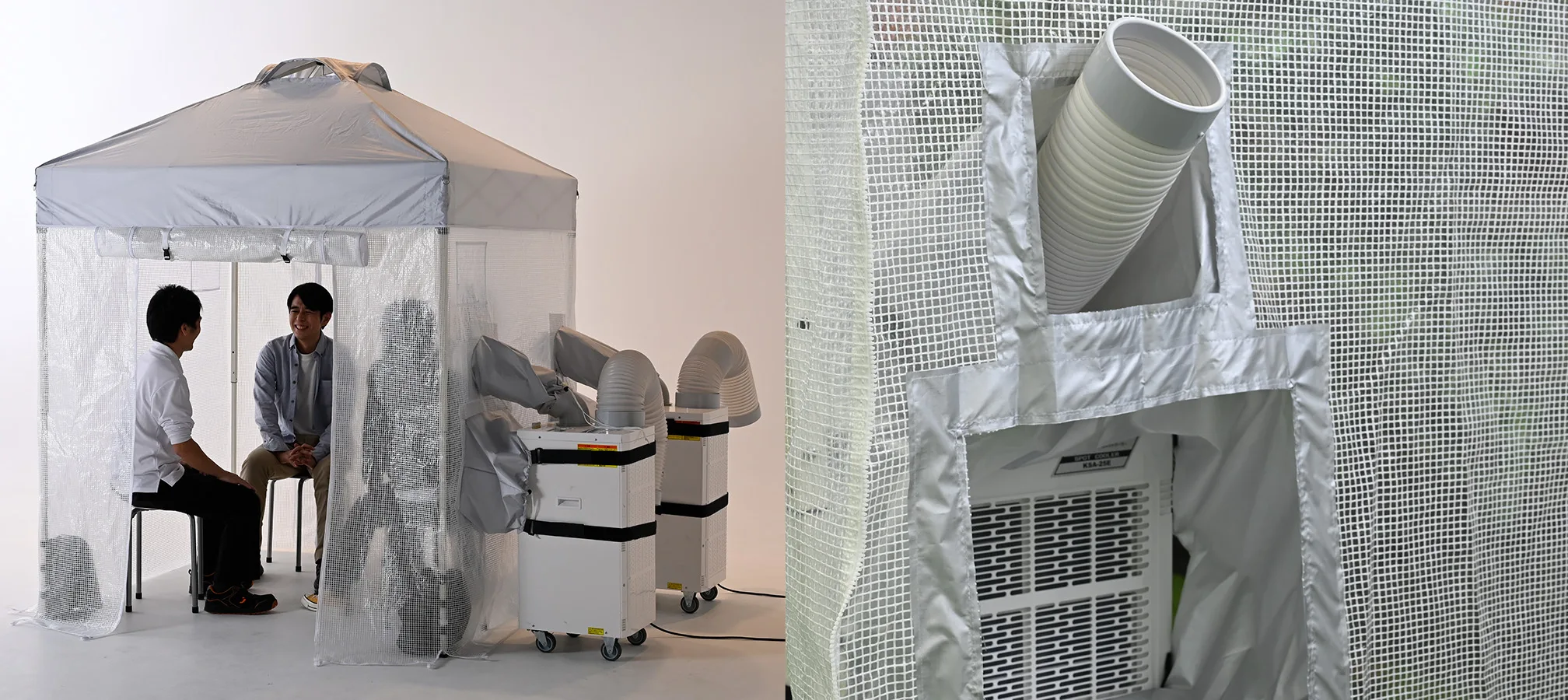 熱中対策シェルターを簡単に組み立てている様子