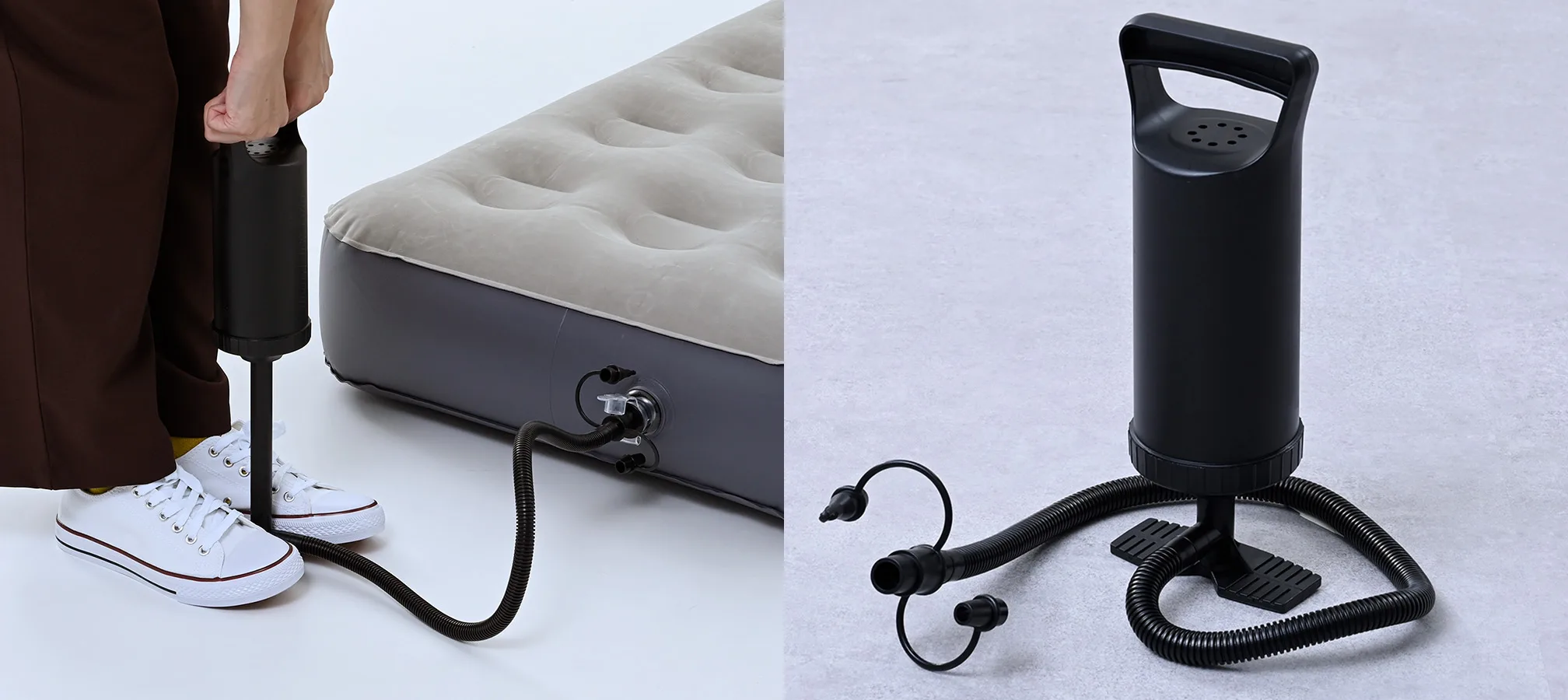 ハンディポンプ付きエアベッドと専用ポンプ
