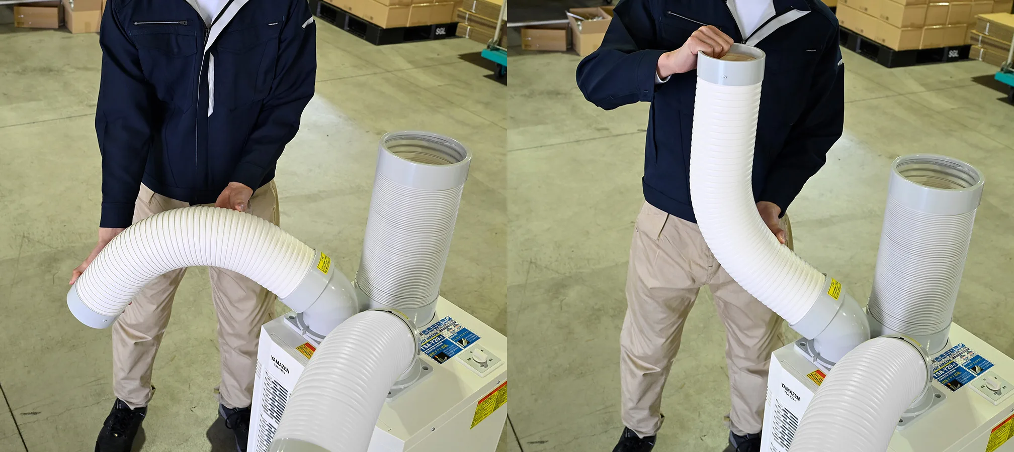 スポットエアコンのダクト角度を調整している様子